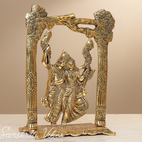 Gold-Plated Radha Krishna Idol on Swing Jhula | Metal Decorative Showpiece & Religious Figurine for Home Temple - Retail Maharaj