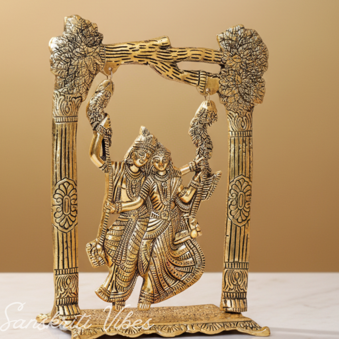 Gold-Plated Radha Krishna Idol on Swing Jhula | Metal Decorative Showpiece & Religious Figurine for Home Temple - Retail Maharaj