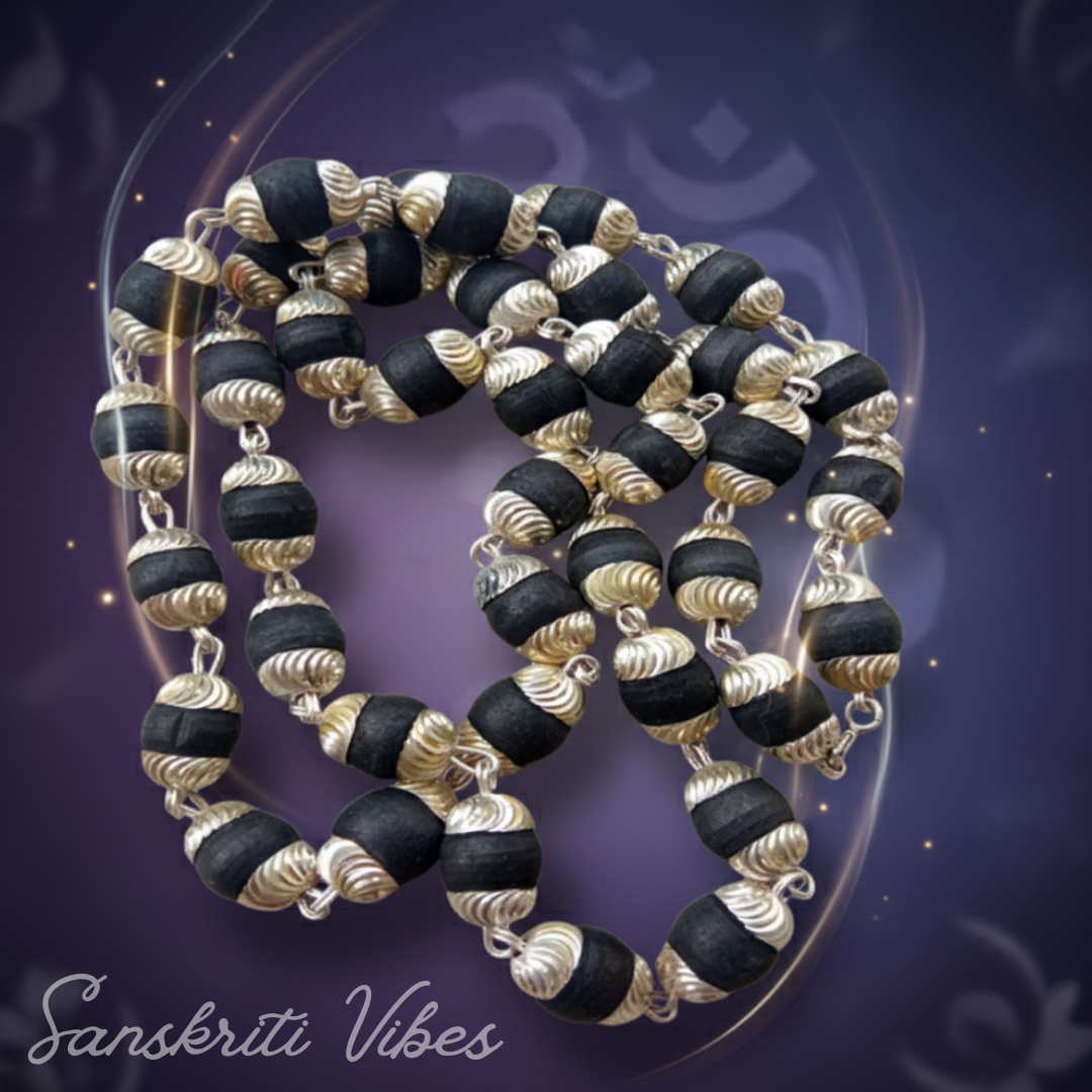 Black Shyma Tulsi Mala with Silver Caps Spiritual Rosary for Devotion and Protection - Retail Maharaj