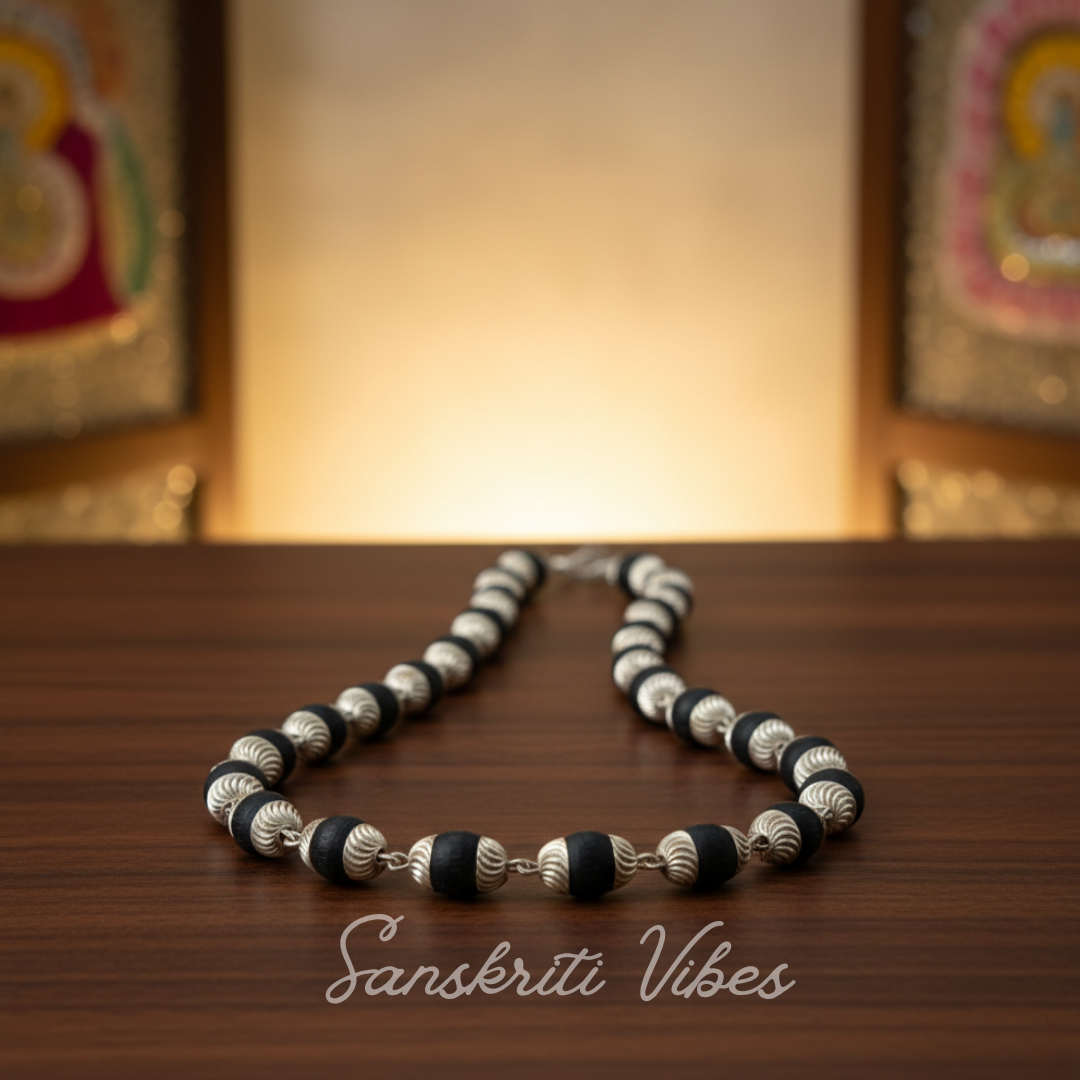 Black Shyma Tulsi Mala with Silver Caps Spiritual Rosary for Devotion and Protection - Retail Maharaj