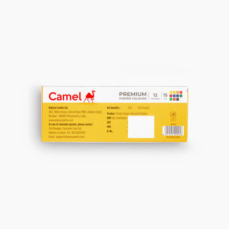 Camel Premium Poster Colours Assorted Pack of 12 Shades in 15ml Tubes - Retail Maharaj