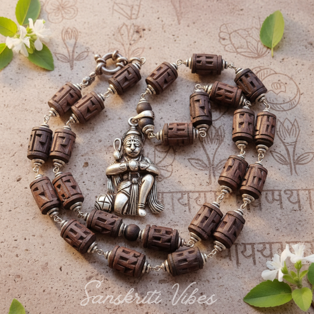 Tulsi Ram Carved Beads Silver Kanthi Mala with Silver Hanuman Ji Locket Pendant Spiritual Rosary - Retail Maharaj