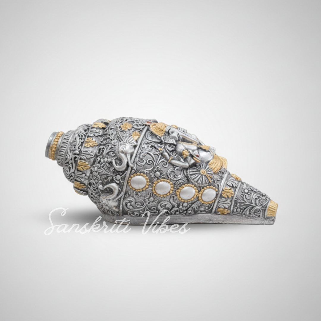 Sanskriti Vibes Decorative Lord Ganesha Shank – Silver Toned Conch Shell (12 cm x 6 cm) - Retail Maharaj