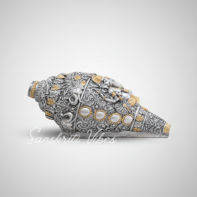 Sanskriti Vibes Decorative Lord Ganesha Shank – Silver Toned Conch Shell (12 cm x 6 cm) - Retail Maharaj