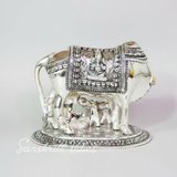 Metal Religious Kamdhenu Cow with Calf and Krishna Idol – Silver Finish Decorative Showpiece by Sanskriti Vibes | Hindu Pooja and Home Temple Decoration - Retail Maharaj