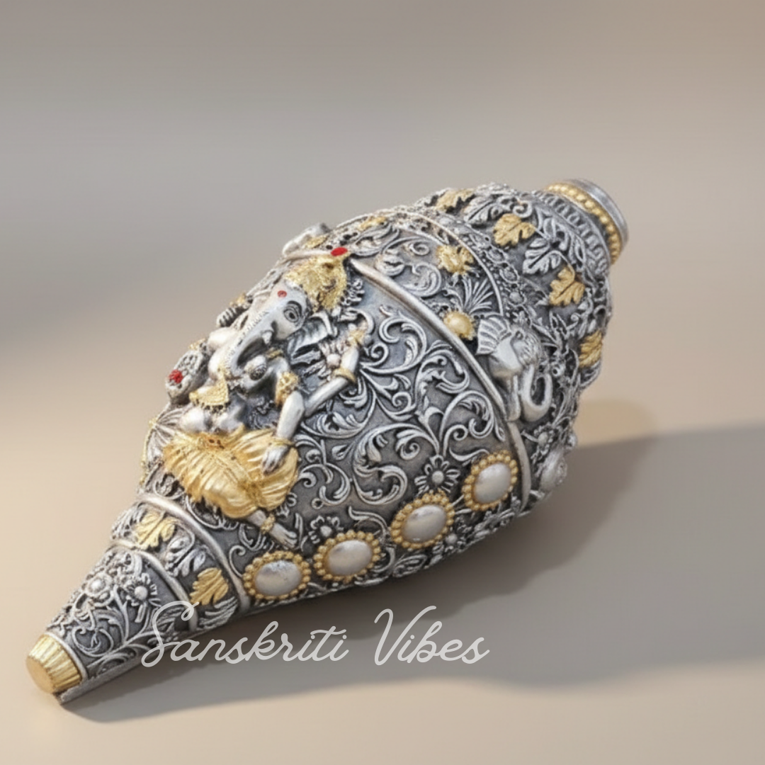 Sanskriti Vibes Decorative Lord Ganesha Shank – Silver Toned Conch Shell (12 cm x 6 cm) - Retail Maharaj