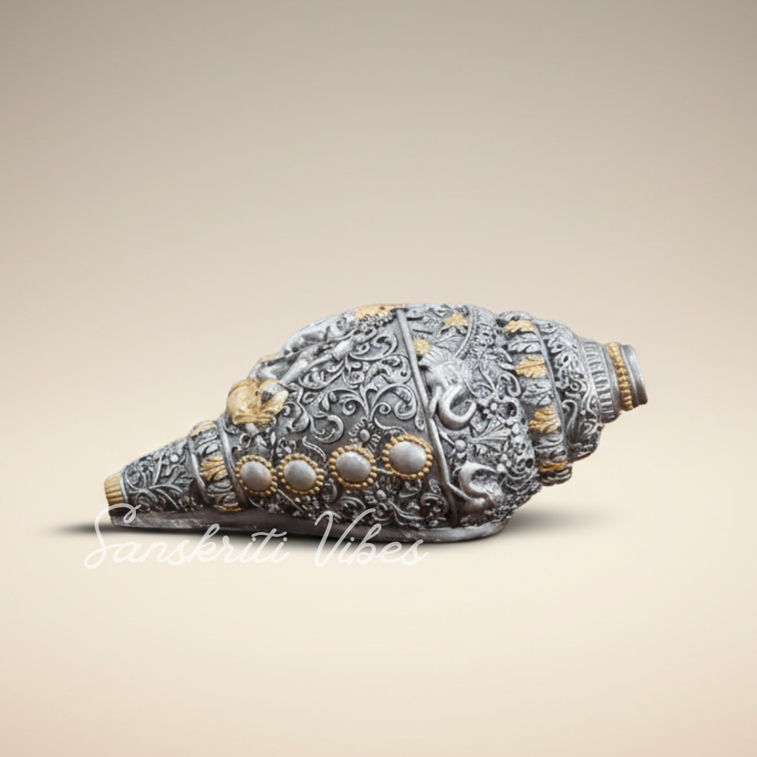 Sanskriti Vibes Decorative Lord Ganesha Shank – Silver Toned Conch Shell (12 cm x 6 cm) - Retail Maharaj