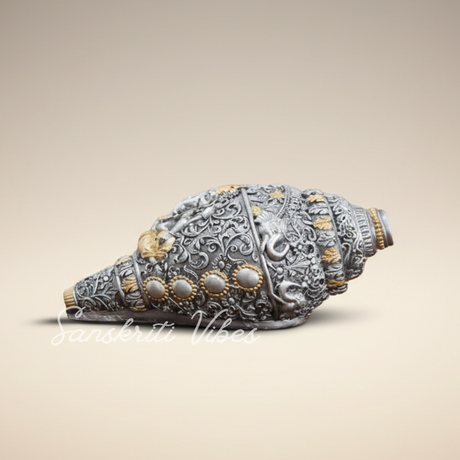 Sanskriti Vibes Decorative Lord Ganesha Shank – Silver Toned Conch Shell (12 cm x 6 cm) - Retail Maharaj