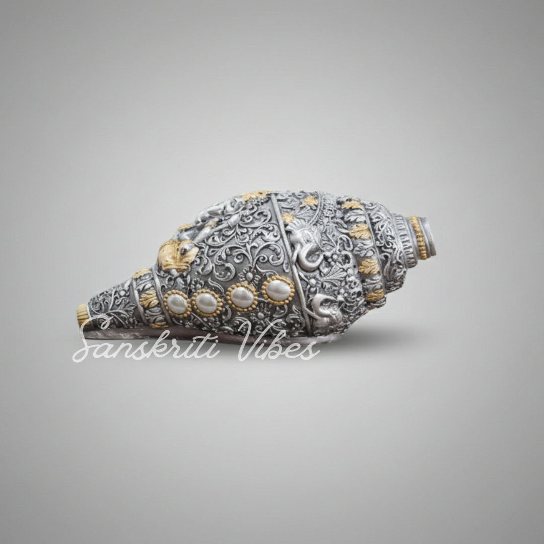Sanskriti Vibes Decorative Lord Ganesha Shank – Silver Toned Conch Shell (12 cm x 6 cm) - Retail Maharaj