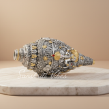 Sanskriti Vibes Decorative Lord Ganesha Shank – Silver Toned Conch Shell (12 cm x 6 cm) - Retail Maharaj