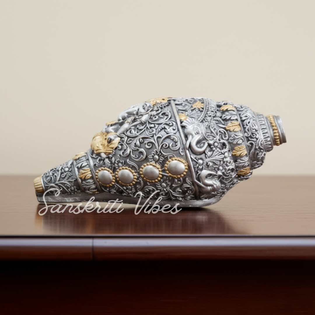Sanskriti Vibes Decorative Lord Ganesha Shank – Silver Toned Conch Shell (12 cm x 6 cm) - Retail Maharaj