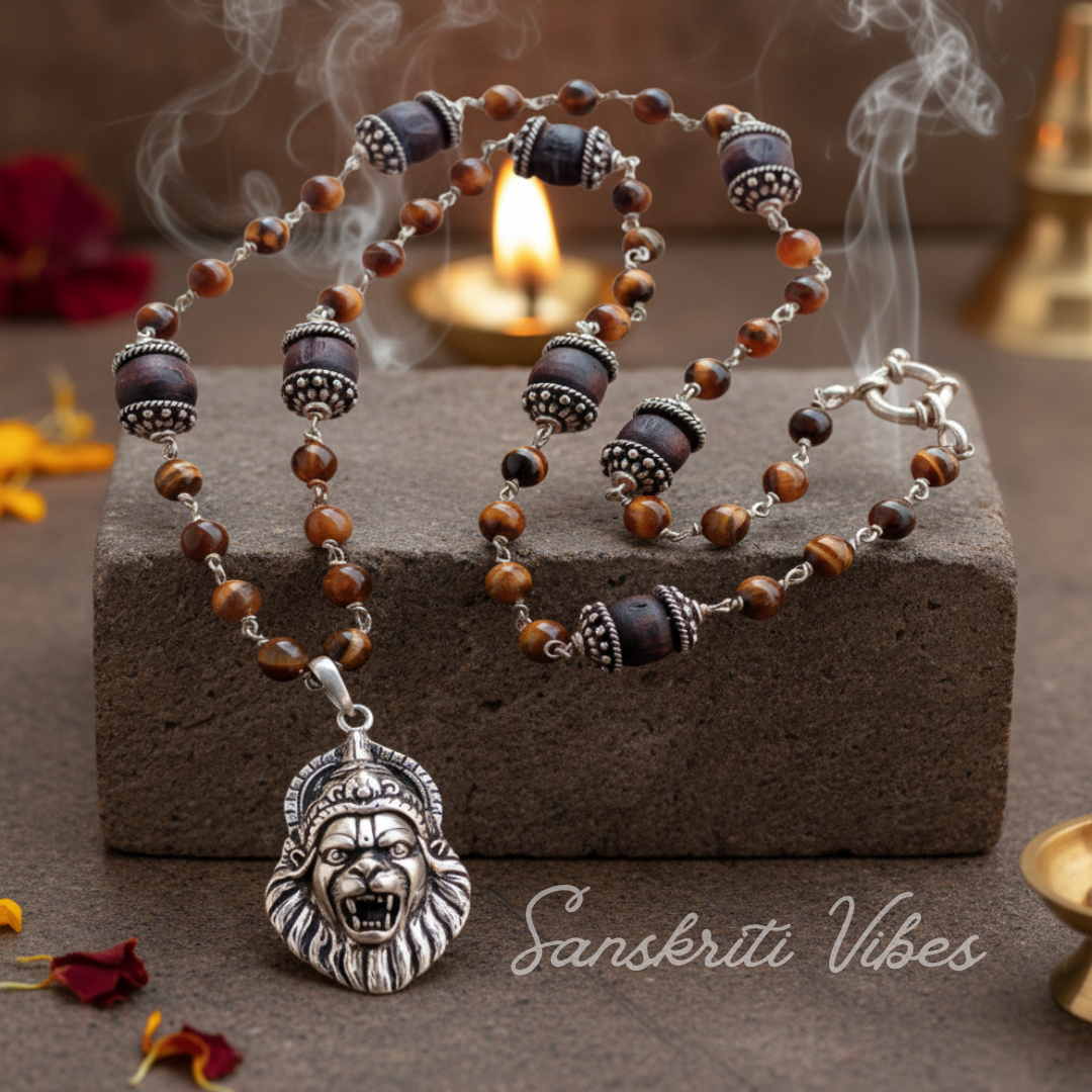 Sterling Silver Narasimha Pendant with Heavy Silver Capped Tulasi Beads Spiritual Rosary – Classic/Trendy - Retail Maharaj