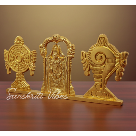 Tirupati Balaji Shankh Chakra Symbol Stand with Balaji Statue | Gold-Plated Antique Decorative Metal Idol for Car Dashboard, Home Temple & Office Table - Retail Maharaj