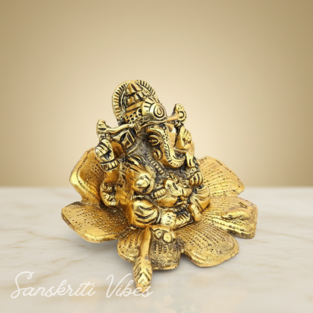 Gold Plated Antiques Ganesha Ji On Flower For Pooja Room Decorative Showpiece For Home - Retail Maharaj