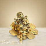 Gold Plated Antiques Ganesha Ji On Flower For Pooja Room Decorative Showpiece For Home - Retail Maharaj