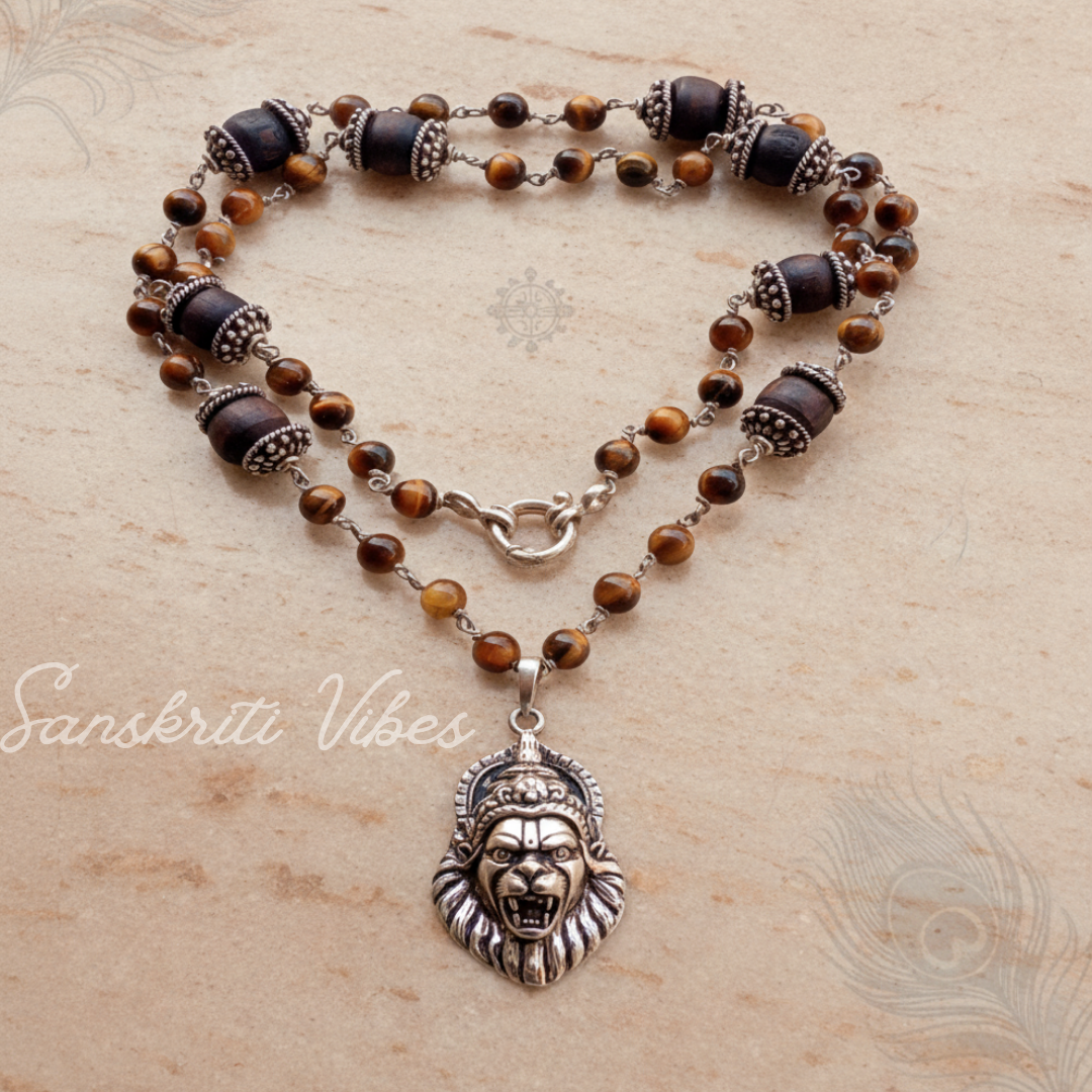 Sterling Silver Narasimha Pendant with Heavy Silver Capped Tulasi Beads Spiritual Rosary – Classic/Trendy - Retail Maharaj