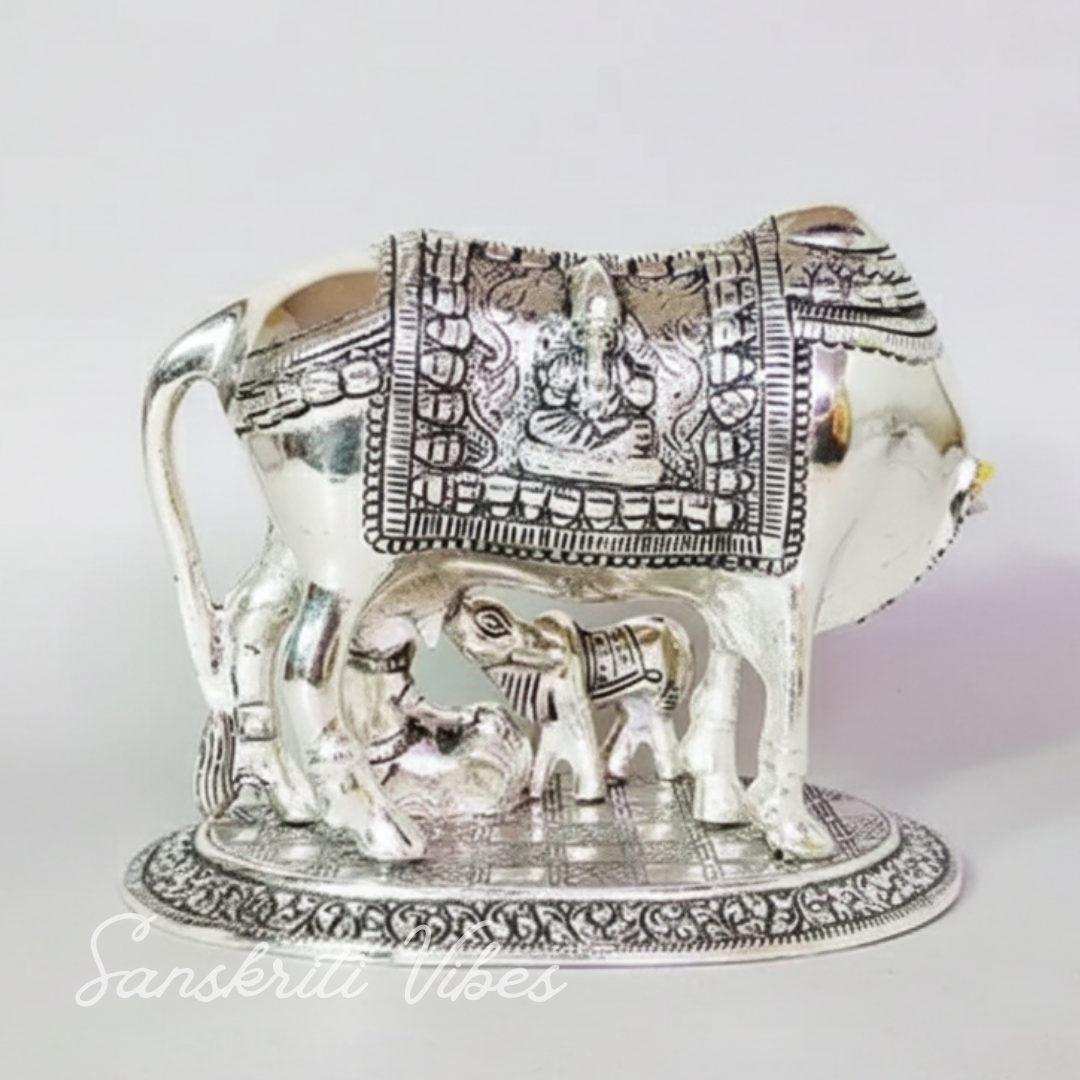 Metal Religious Kamdhenu Cow with Calf and Krishna Idol – Silver Finish Decorative Showpiece by Sanskriti Vibes | Hindu Pooja and Home Temple Decoration - Retail Maharaj