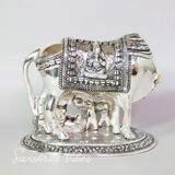 Metal Religious Kamdhenu Cow with Calf and Krishna Idol – Silver Finish Decorative Showpiece by Sanskriti Vibes | Hindu Pooja and Home Temple Decoration - Retail Maharaj