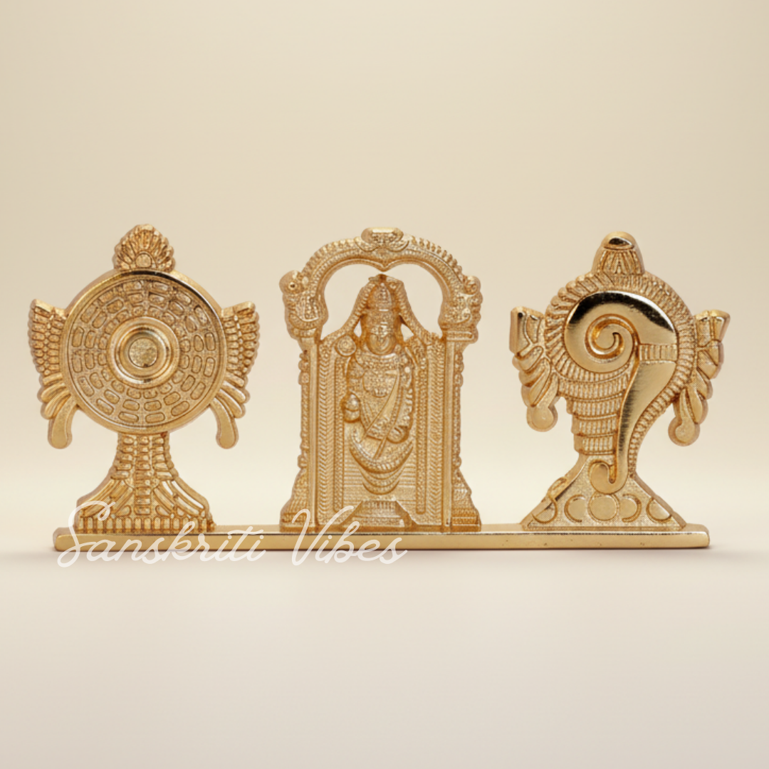 Tirupati Balaji Shankh Chakra Symbol Stand with Balaji Statue | Gold-Plated Antique Decorative Metal Idol for Car Dashboard, Home Temple & Office Table - Retail Maharaj