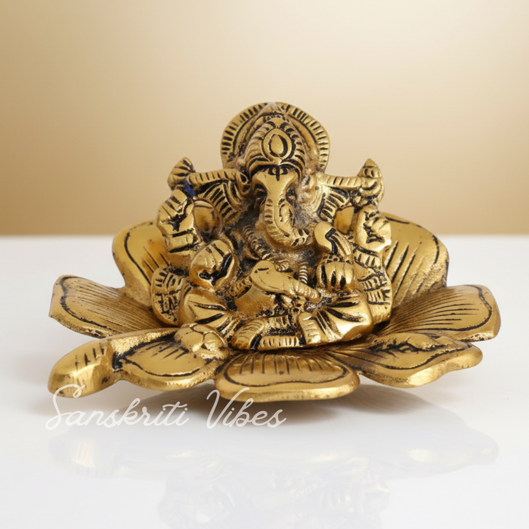 Gold Plated Antiques Ganesha Ji On Flower For Pooja Room Decorative Showpiece For Home - Retail Maharaj