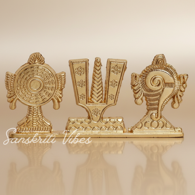 Tirupati Balaji Shankh Chakra Namah Symbol Stand | Gold-Plated Antique Decorative Idol for Car Dashboard & Home Temple - Retail Maharaj