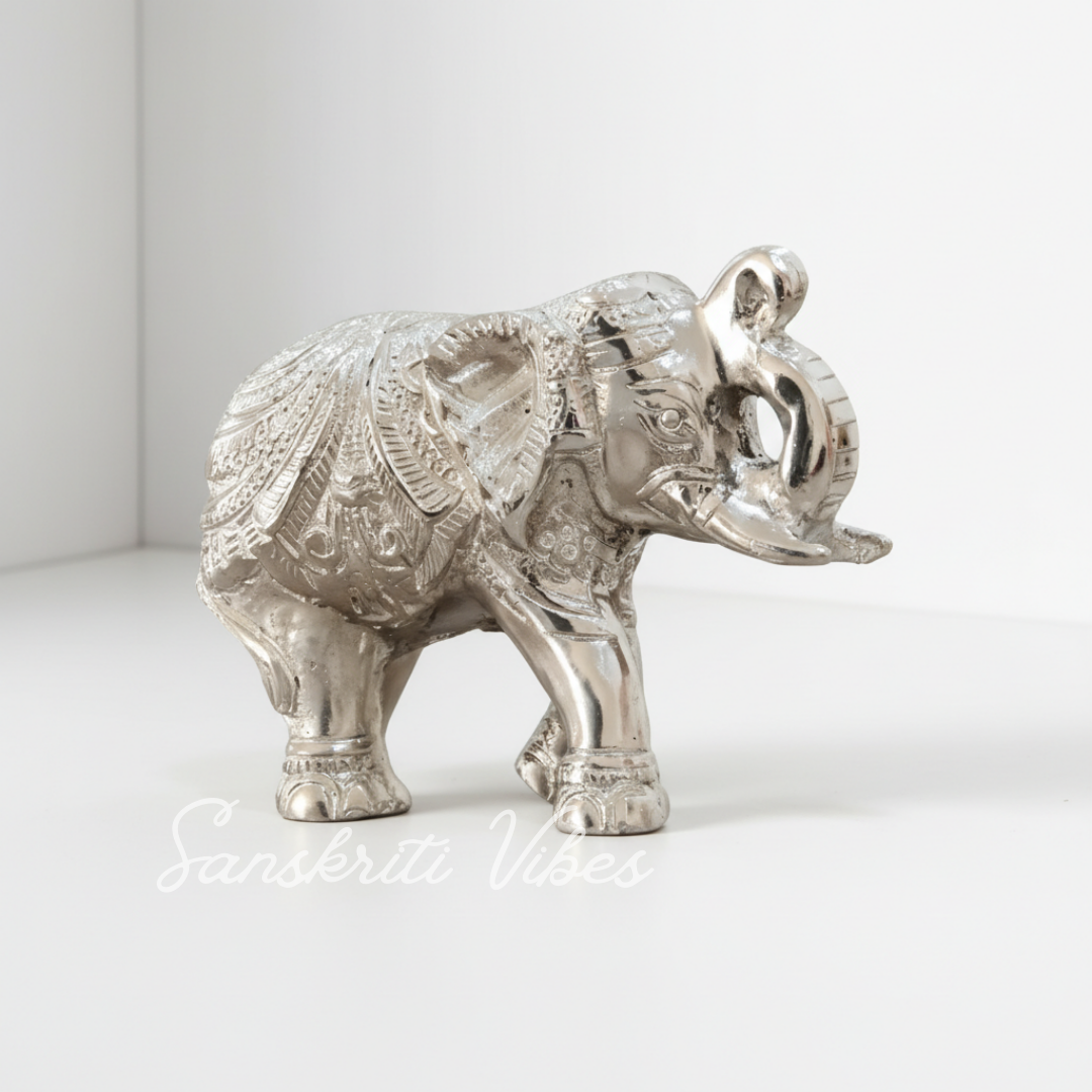 Decorative Silver Elephant Trunk Up Silver Plated Metal Statue Intricately Carved Figurine (12 cm x 9.5 cm) - Retail Maharaj