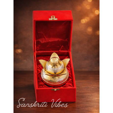 Gold-Silver Plated Pooja Kalash with Coconut and Leaves Decorative Kalash with Royal Velvet Box for Home and Temple (Pack of 1) - Retail Maharaj