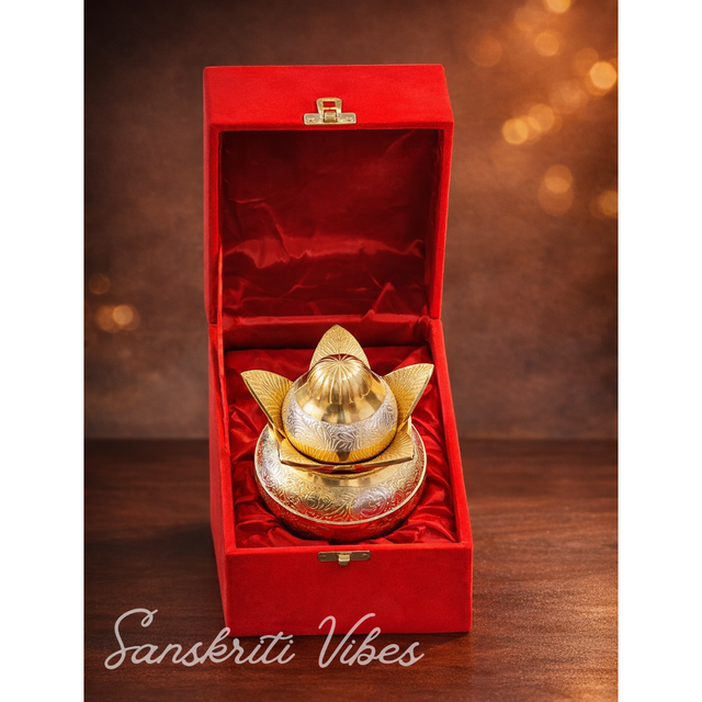 Gold-Silver Plated Pooja Kalash with Coconut and Leaves Decorative Kalash with Royal Velvet Box for Home and Temple (Pack of 1) - Retail Maharaj