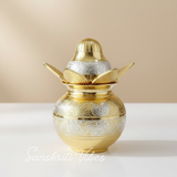 Gold-Silver Plated Pooja Kalash with Coconut and Leaves Decorative Kalash with Royal Velvet Box for Home and Temple (Pack of 1) - Retail Maharaj