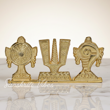 Tirupati Balaji Shankh Chakra Namah Symbol Stand | Gold-Plated Antique Decorative Idol for Car Dashboard & Home Temple - Retail Maharaj