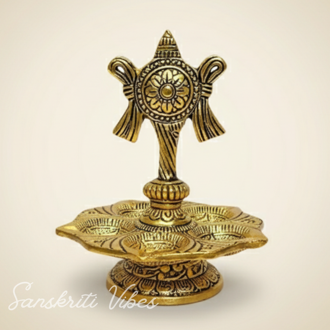 Tirupati Balaji Panch Mukhi Diya with Chakra Stand | Gold-Plated 5 Batti Metal Diya for Home & Office Pooja Room Decoration - Retail Maharaj