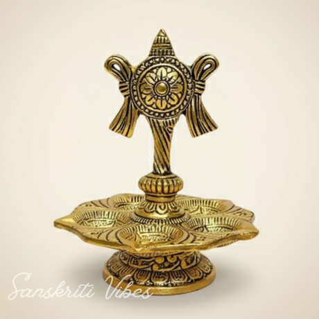 Tirupati Balaji Panch Mukhi Diya with Chakra Stand | Gold-Plated 5 Batti Metal Diya for Home & Office Pooja Room Decoration - Retail Maharaj