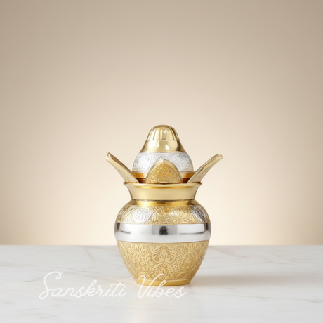 Gold-Silver Plated Pooja Kalash with Coconut and Leaves Decorative Kalash with Royal Velvet Box for Home and Temple (Pack of 1) - Retail Maharaj