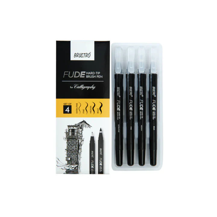 Brustro Fude Hard Tip Black Ink Brush Pen Set of 4 (Extra Fine, Fine, Medium, Bold) - Retail Maharaj