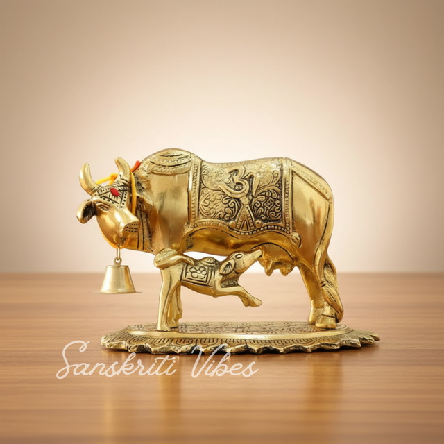 Metal Om Kamdhenu Cow and Calf Statue Religious Gau Mata Idol for Home and Office Décor - Retail Maharaj