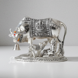 Metal Religious Kamdhenu Cow with Calf and Krishna Idol – Silver Finish Decorative Showpiece by Sanskriti Vibes | Hindu Pooja and Home Temple Decoration - Retail Maharaj