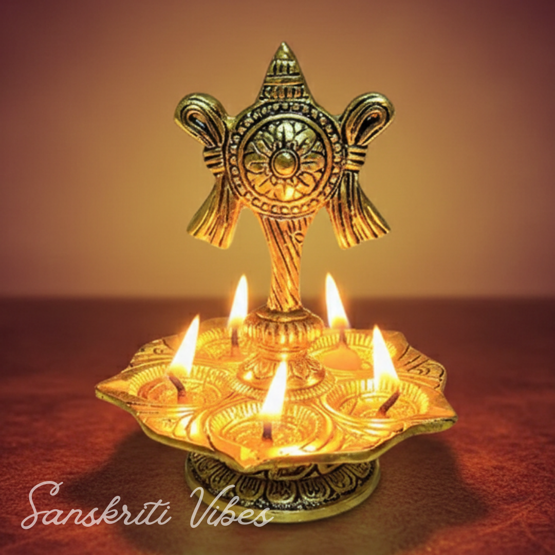 Tirupati Balaji Panch Mukhi Diya with Chakra Stand | Gold-Plated 5 Batti Metal Diya for Home & Office Pooja Room Decoration - Retail Maharaj