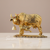 Metal Om Kamdhenu Cow and Calf Statue Religious Gau Mata Idol for Home and Office Décor - Retail Maharaj