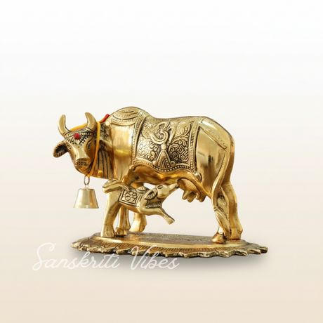 Metal Om Kamdhenu Cow and Calf Statue Religious Gau Mata Idol for Home and Office Décor - Retail Maharaj