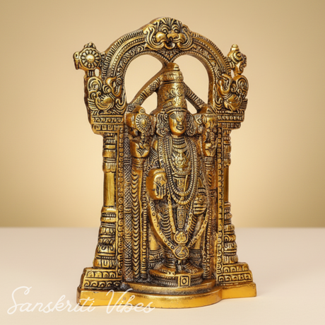Tirupati Balaji Metal Statue | Sri Venkateswara Murti | Glossy Gold-Plated Aluminium Idol for Home Temple & Office Decoration - Retail Maharaj