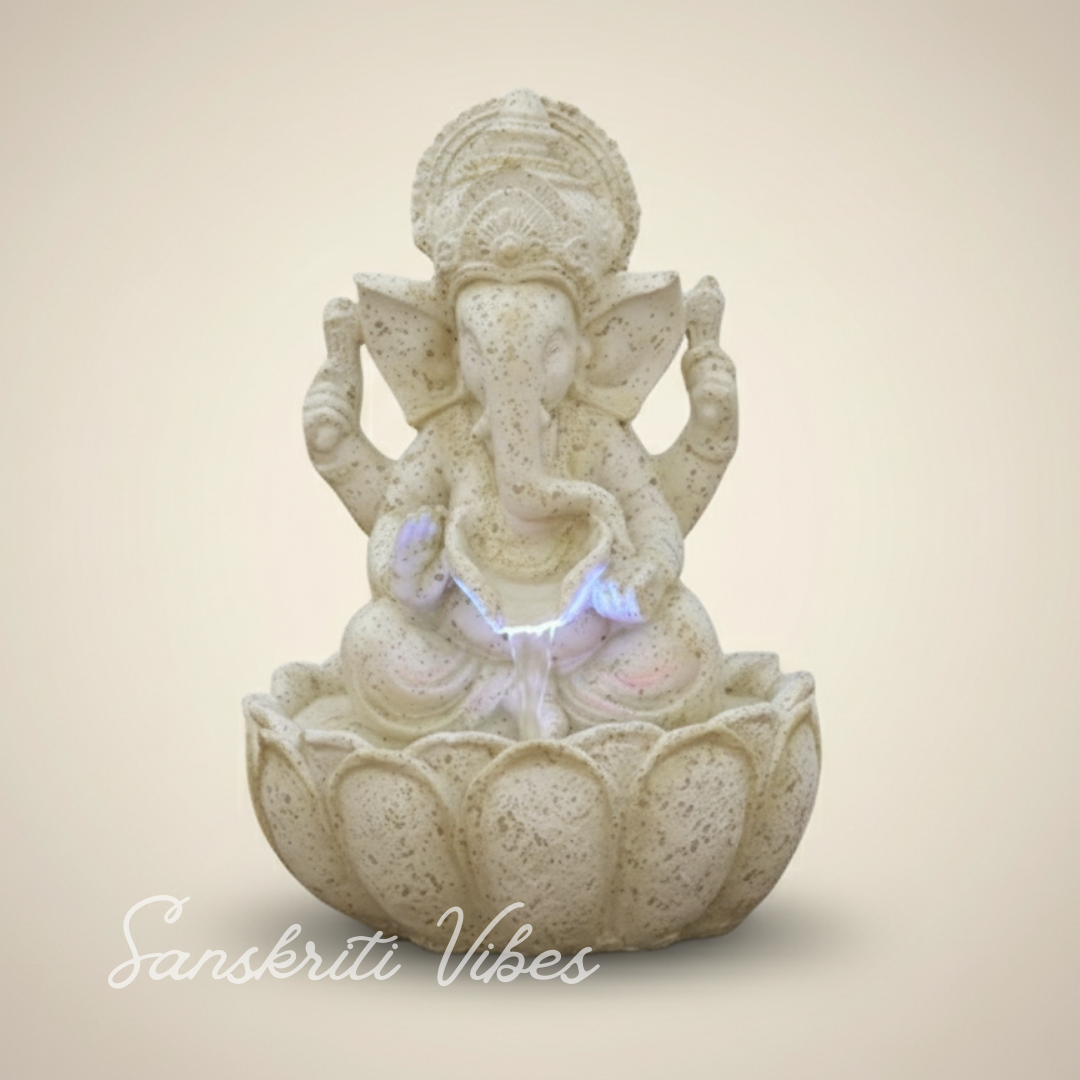 Lotus Ganesh Off White Waterfall Design Table Top Colour Changing Lights Fountain Polyresin Showpiece for Home Décor (26 cm) - Retail Maharaj