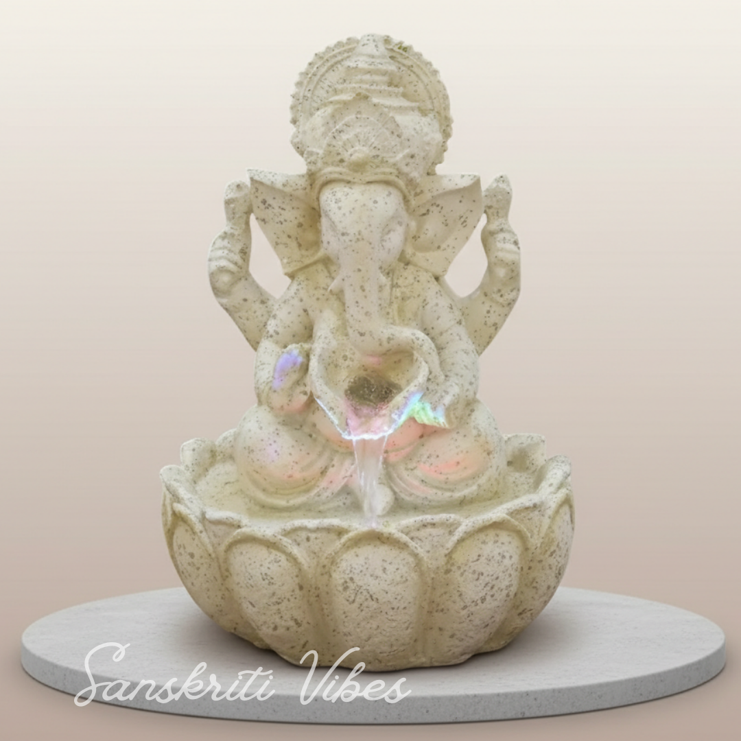 Lotus Ganesh Off White Waterfall Design Table Top Colour Changing Lights Fountain Polyresin Showpiece for Home Décor (26 cm) - Retail Maharaj