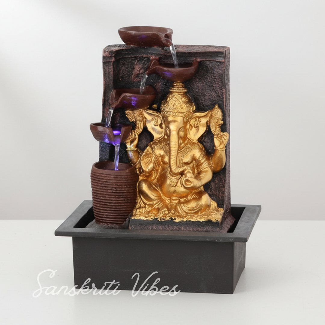 Big Ganesh Waterfall Design Table Top Colour Changing Lights Fountain Polyresin Showpiece for Home Décor (38 cm) - Retail Maharaj
