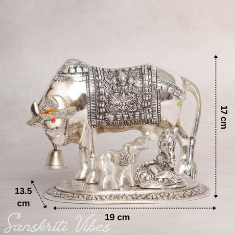 Metal Religious Kamdhenu Cow with Calf and Krishna Idol – Silver Finish Decorative Showpiece by Sanskriti Vibes | Hindu Pooja and Home Temple Decoration - Retail Maharaj