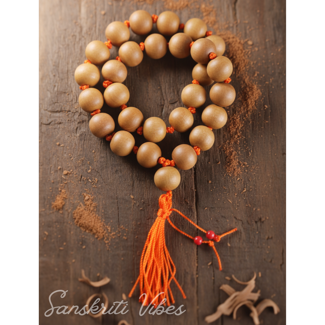 Original Sandalwood Japa Mala 27 Plus 1 Beads White Sandalwood Prayer Mala for Meditation and Mantra Chanting 12mm