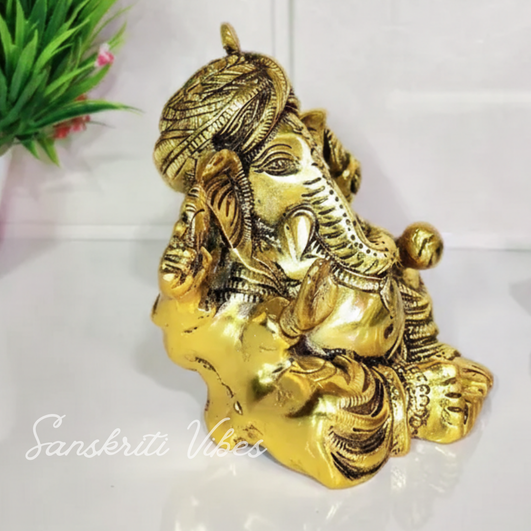Metal Ganesha Statue Hindu God Ganesh Ganpati Sitting Idol Sculpture Good Luck Success For Home Puja Gifts (Size: 6.5 X 6 Inches) - Retail Maharaj