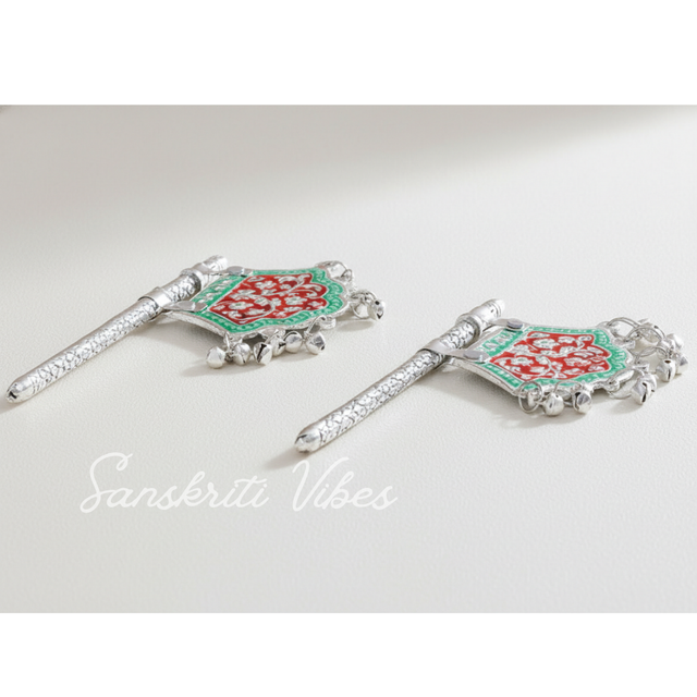 Traditional God Fan Silver-Plated Metal Hand Fan Pankhi with Red and Green Meenakari Work for God Idol - Retail Maharaj