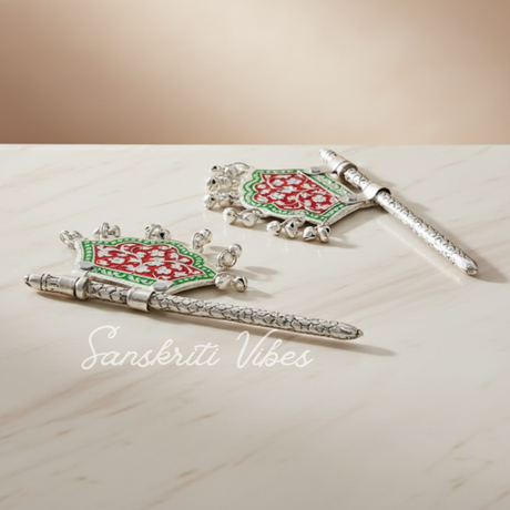 Traditional God Fan Silver-Plated Metal Hand Fan Pankhi with Red and Green Meenakari Work for God Idol - Retail Maharaj