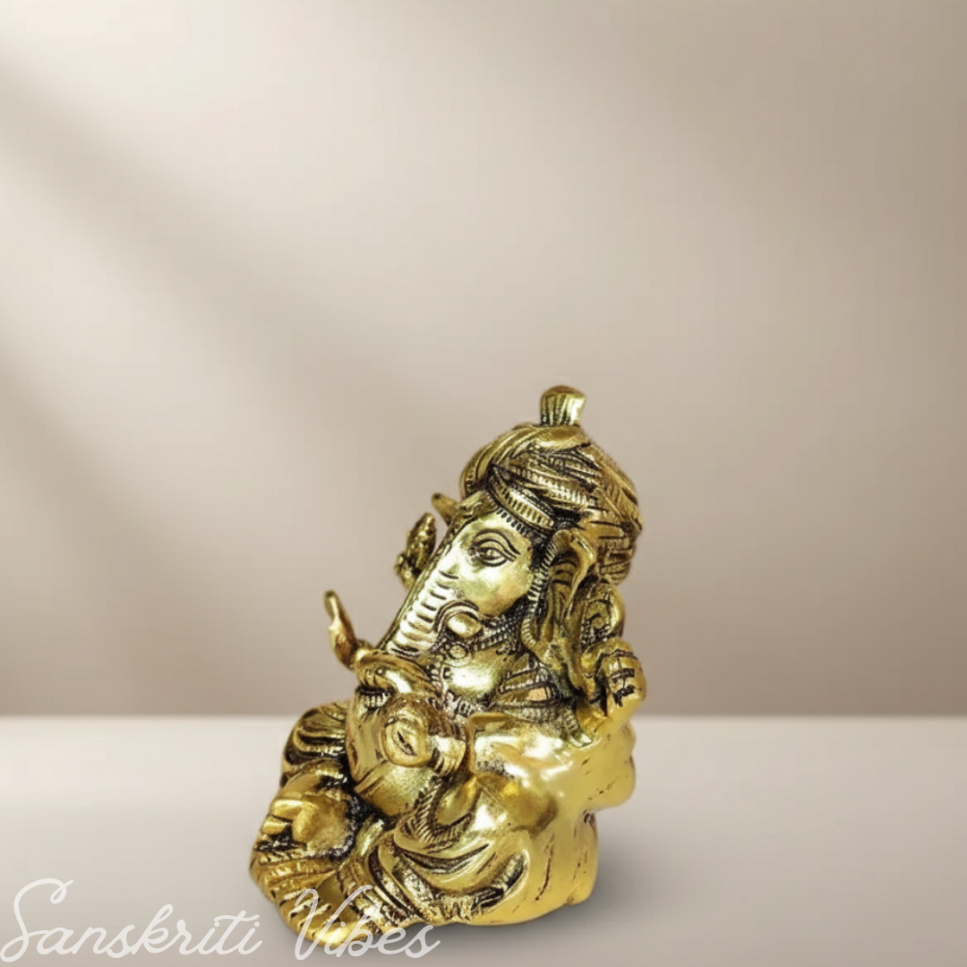 Metal Ganesha Statue Hindu God Ganesh Ganpati Sitting Idol Sculpture Good Luck Success For Home Puja Gifts (Size: 6.5 X 6 Inches) - Retail Maharaj