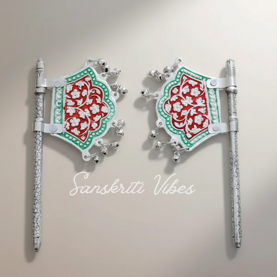 Traditional God Fan Silver-Plated Metal Hand Fan Pankhi with Red and Green Meenakari Work for God Idol - Retail Maharaj